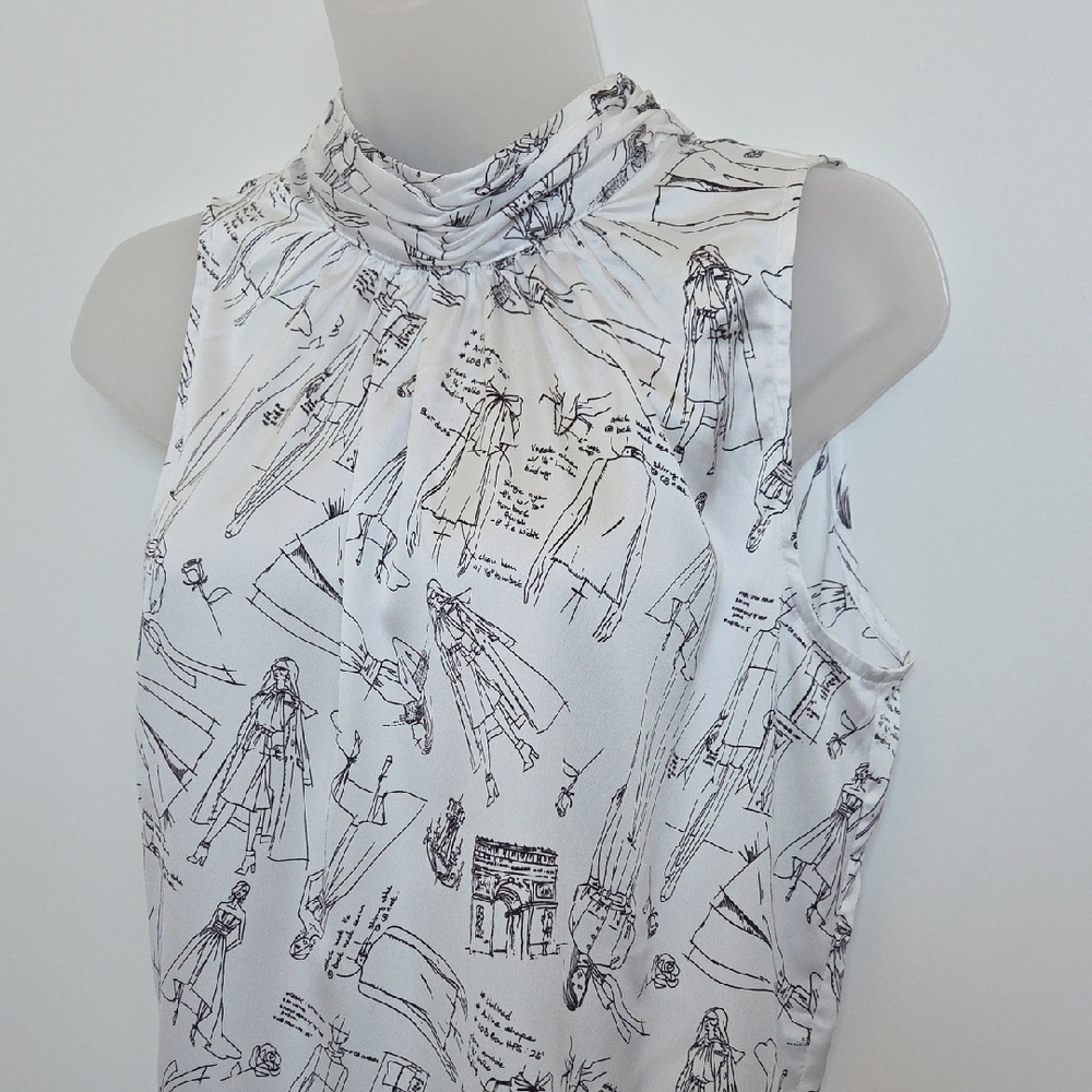 NWT White House Black Market Graphic Mandarin Collar Sleeveless Blouse